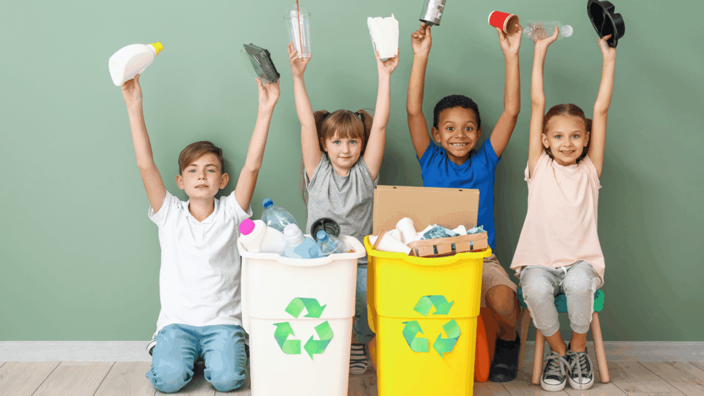 Enfants triant des déchets dans des bacs de recyclage lors de la journée mondiale du recyclage